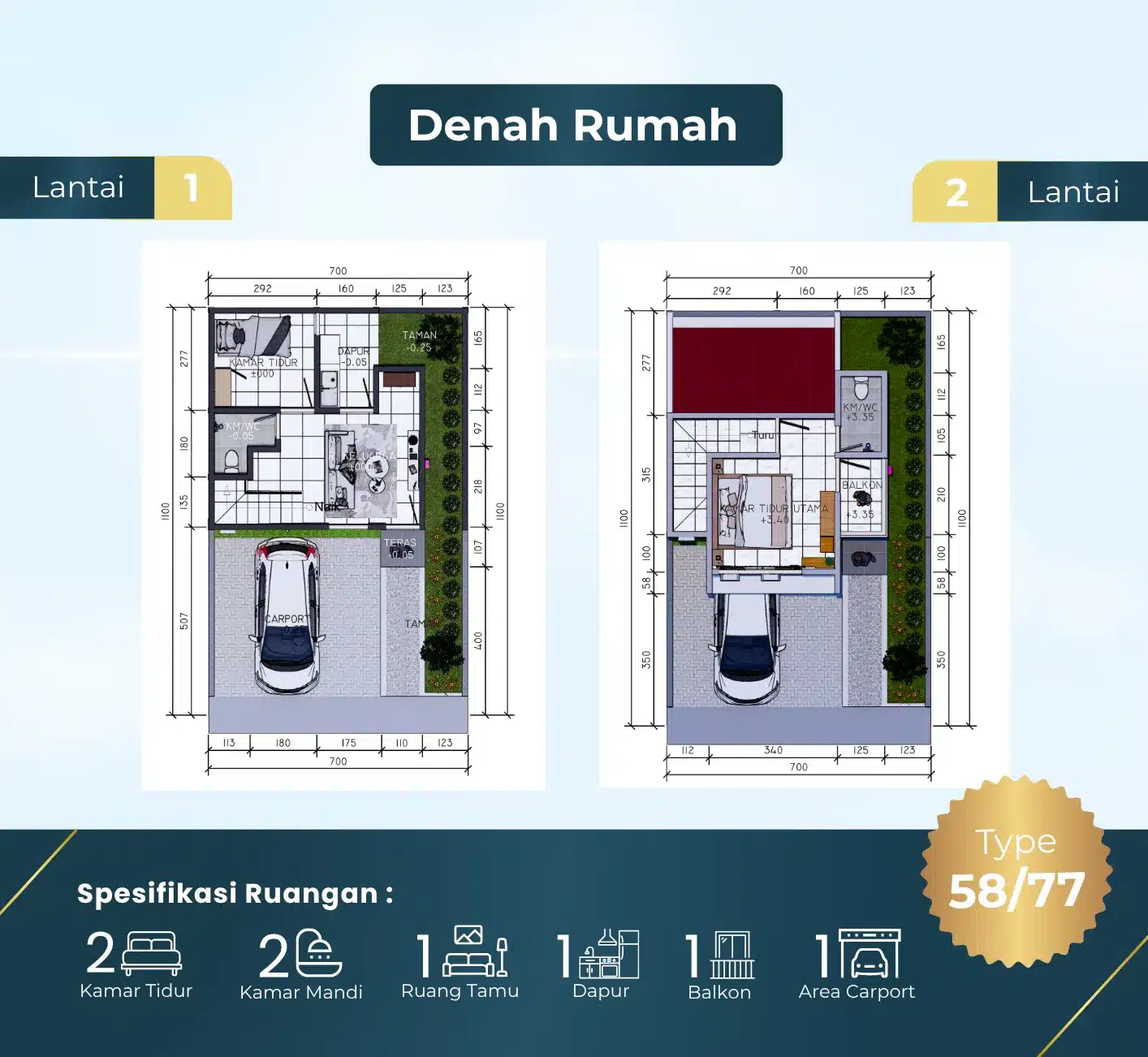 denah rumah rumah 2 lantai tipe 55 lt 77 di perumahan mahkota rinjani cilacap